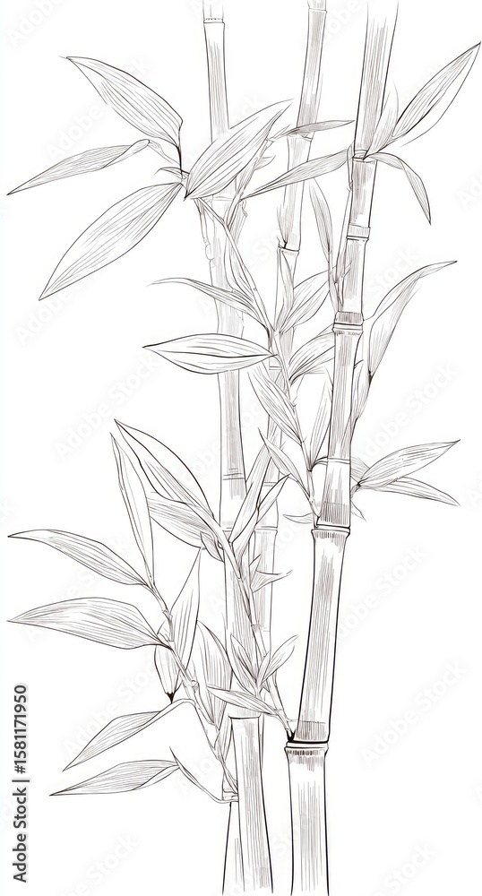 Naklejka premium Detailed sketch of bamboo stalks and leaves