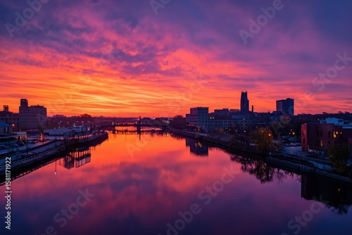Cityscape Reflecting Sunsets Fiery Colors.
