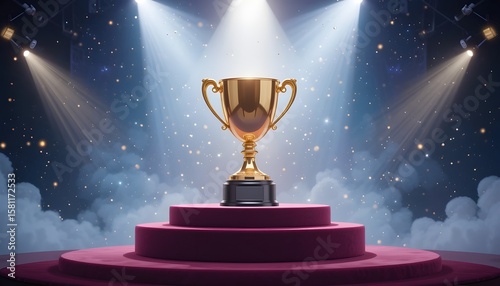 Glowing gold cup on the podium.Dramatic spotlight make the scene more beautiful.      