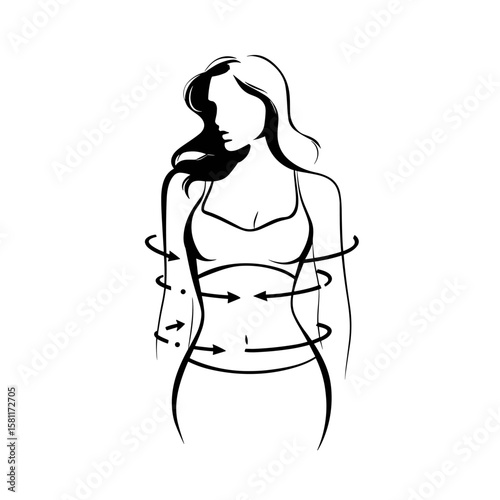 vector girl takes measurements of her figure with black lines on white background .Generative AI