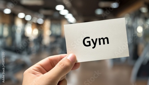 A gym membership card bearing the GYM inscription is clutched in a hand, serving as a pass to enter a cutting-edge sports center with a labeled entrance, where one can engage in health and training