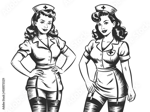  Nurse in Stylish Uniform Striking Playful Pose Featuring Vintage Charm Black and White Sketch Engraving Generative AI Vector Illustration Perfect for Posters and Classic Designs

