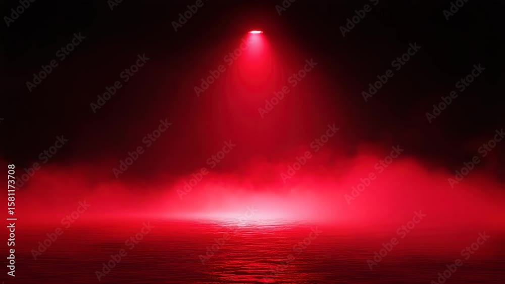 hazy and full of tiny sparkling dust empty concert spotlights lights on stage with a bright red spotlight shining through thick red fog, hazy and full of tiny sparkling dust, red fog motion