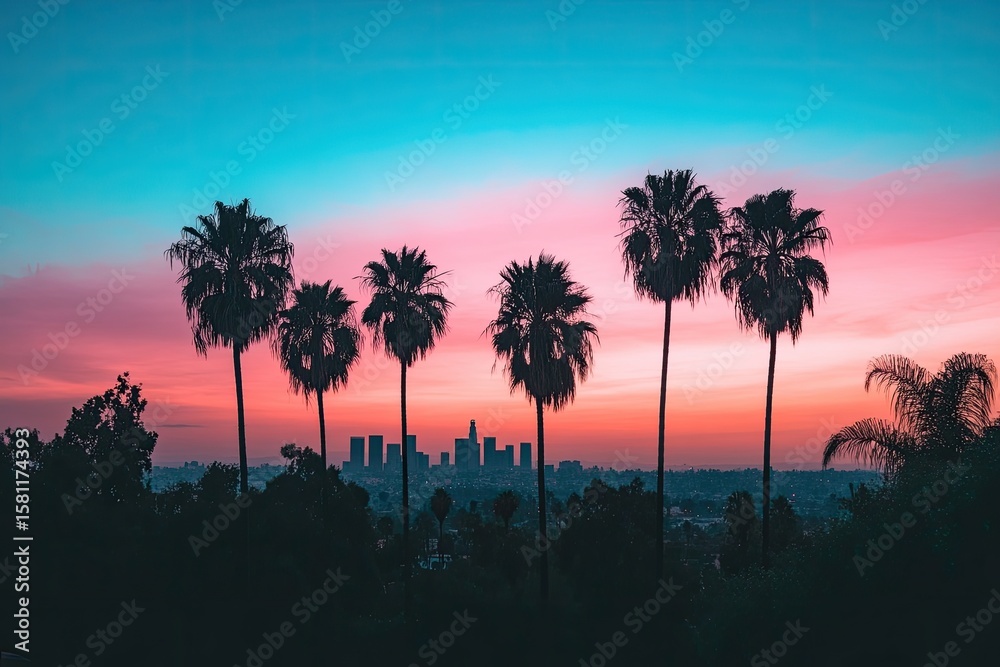 Obraz premium Silhouette palm trees against a vibrant sunset over a cityscape