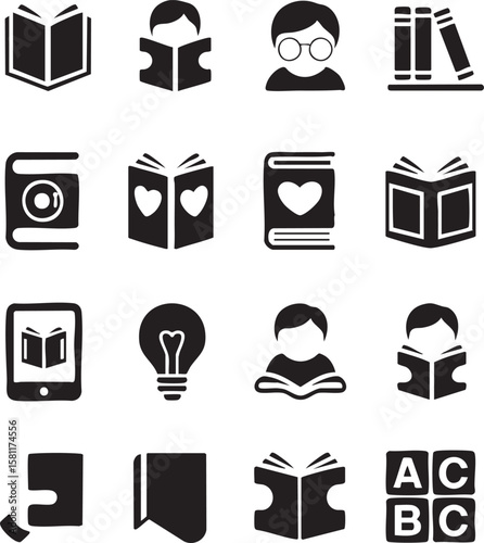 Collection of Book and Reading Icons  Silhouette Illustrations for Education and Literacy