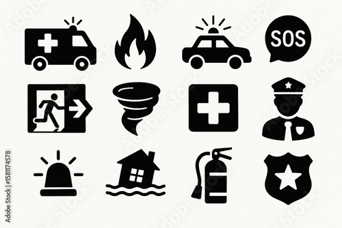 Emergency and Safety Icons Set with Ambulance, Fire, Police and Disaster Response Symbols

