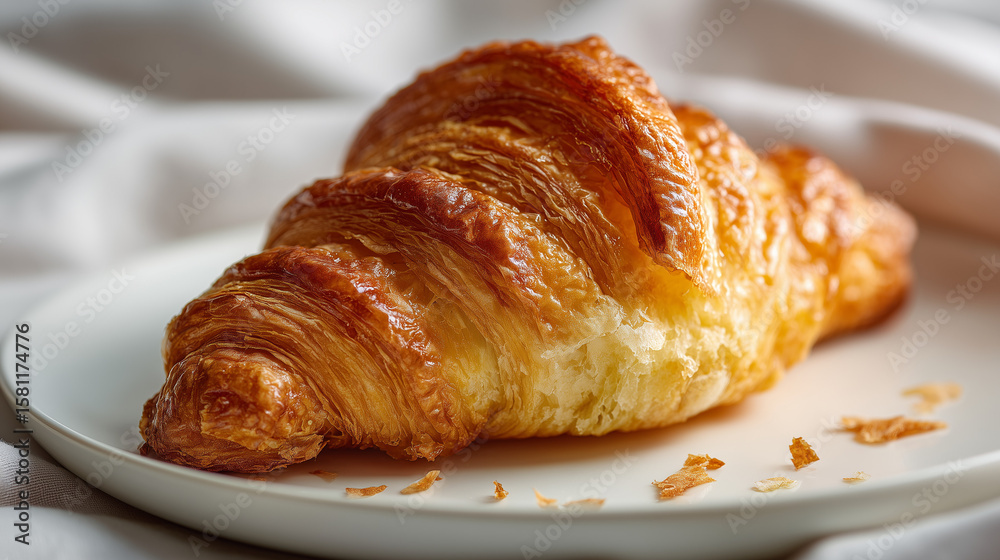 A flaky golden croissant with crispy layers and soft inside, delicious pastry perfect for breakfast, bakery display, or snack, rich aroma and buttery texture.