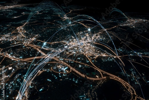 Aerial view of data flow: arcgis tapestry's geographic harmony. Ai future. June 2025 esri update: innovating geodemographic systems. Urban data. Modern analysis.