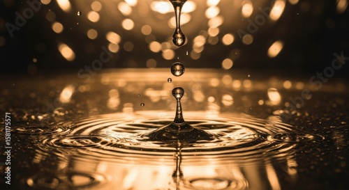 Ai generated image of golden water drops creating ripples in liquid