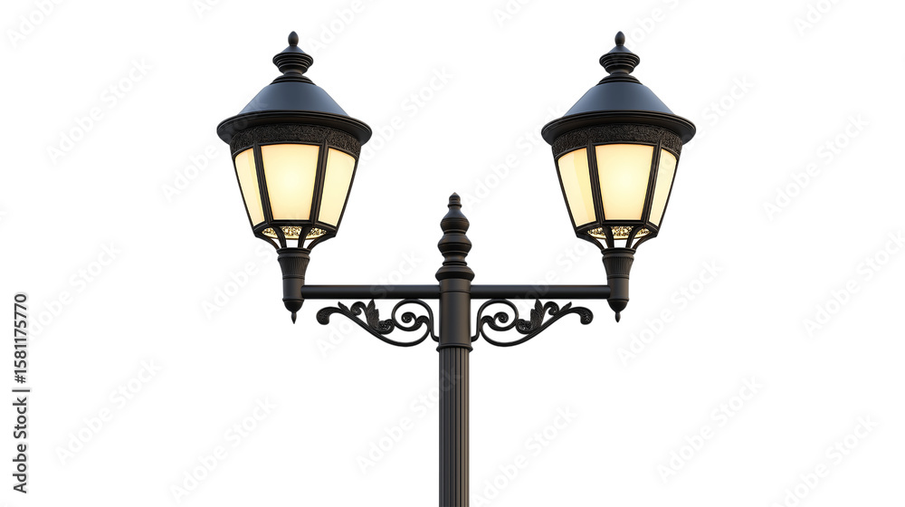 Ornate Double Street Lamp With Glowing Light Bulbs On Isolated Background Ornate Double Street Lamp With Glowing Light Bulbs On Isolated Background
