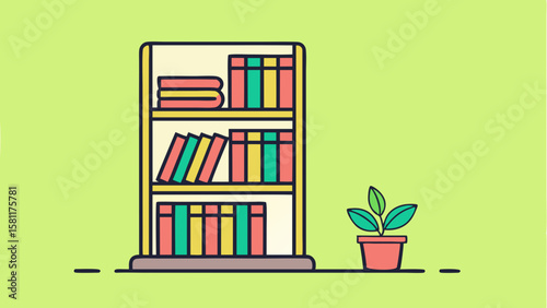 Charming bookshelf with colorful books and a potted plant, perfect for educational and home decor themes