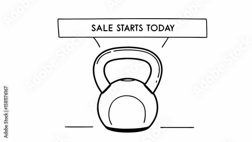 Simple line art of a kettlebell with a sale announcement, perfect for fitness promotions