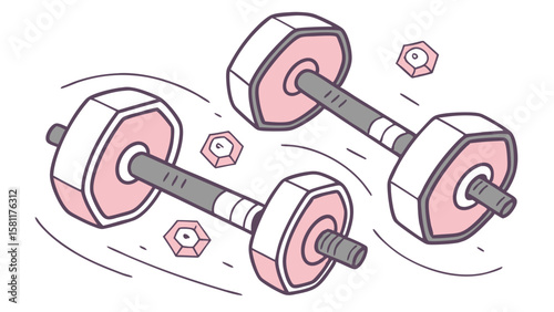 Colorful dumbbells in motion, line art illustration for fitness and gym themes