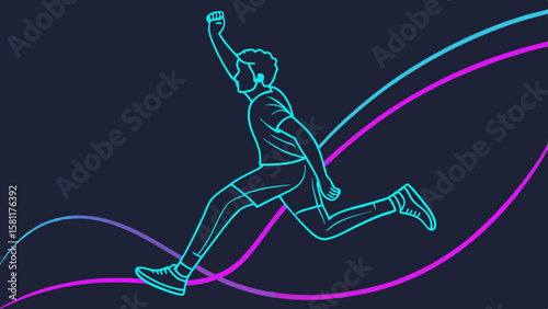 Young man celebrating success in sports on a dark background with dynamic lines