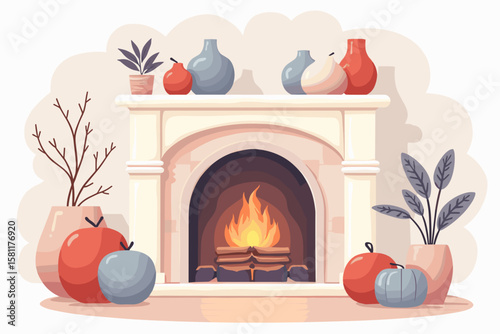 Cozy fireplace decorated with vases and fruits, warm home interior illustration
