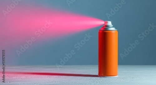 Ai generated image of orange spray can emits a vibrant pink light beam in the dark