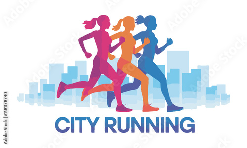 Modern vector illustrator featuring three women runners in a dynamic motion-inspired silhouette, city running logo design, running marathon in city, easily editable and scalable.