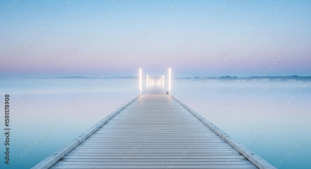 Fototapeta Ai generated image of a misty pier with glowing lights leads into a serene dawn