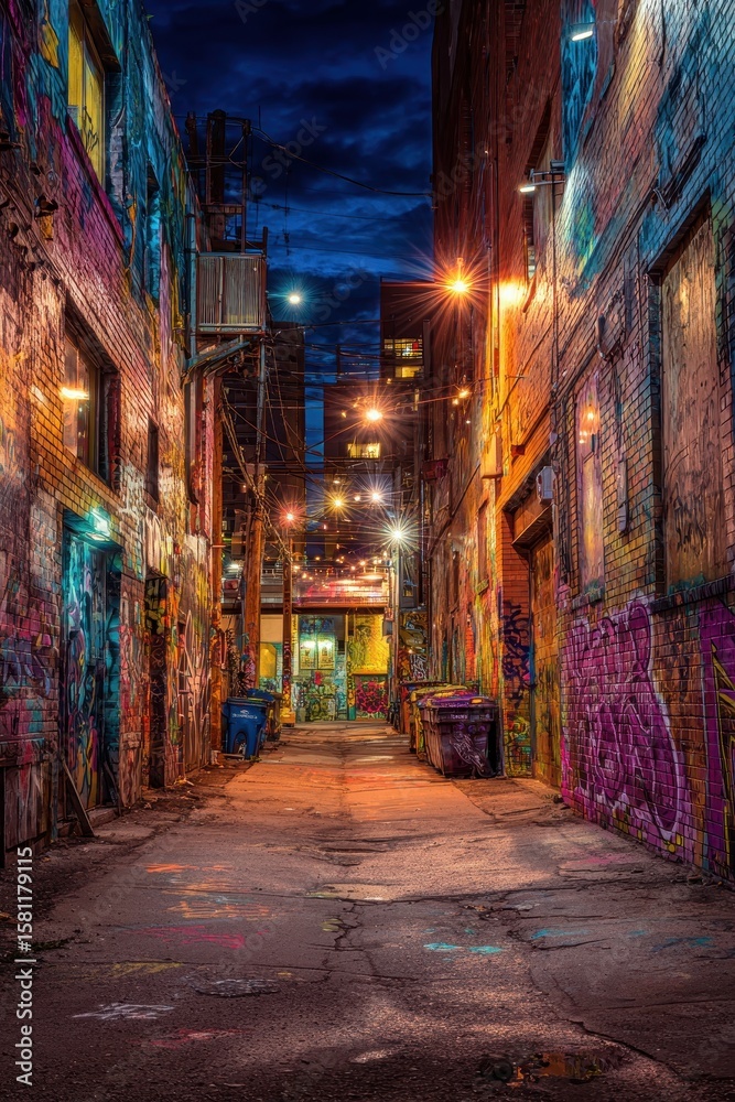 Fototapeta premium Graffiti Alley at Night Urban Scene.