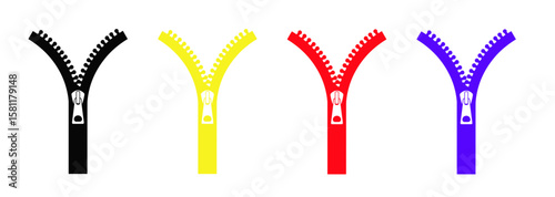 Colorful zippers in black, yellow, red, and purple, minimalistic design illustration