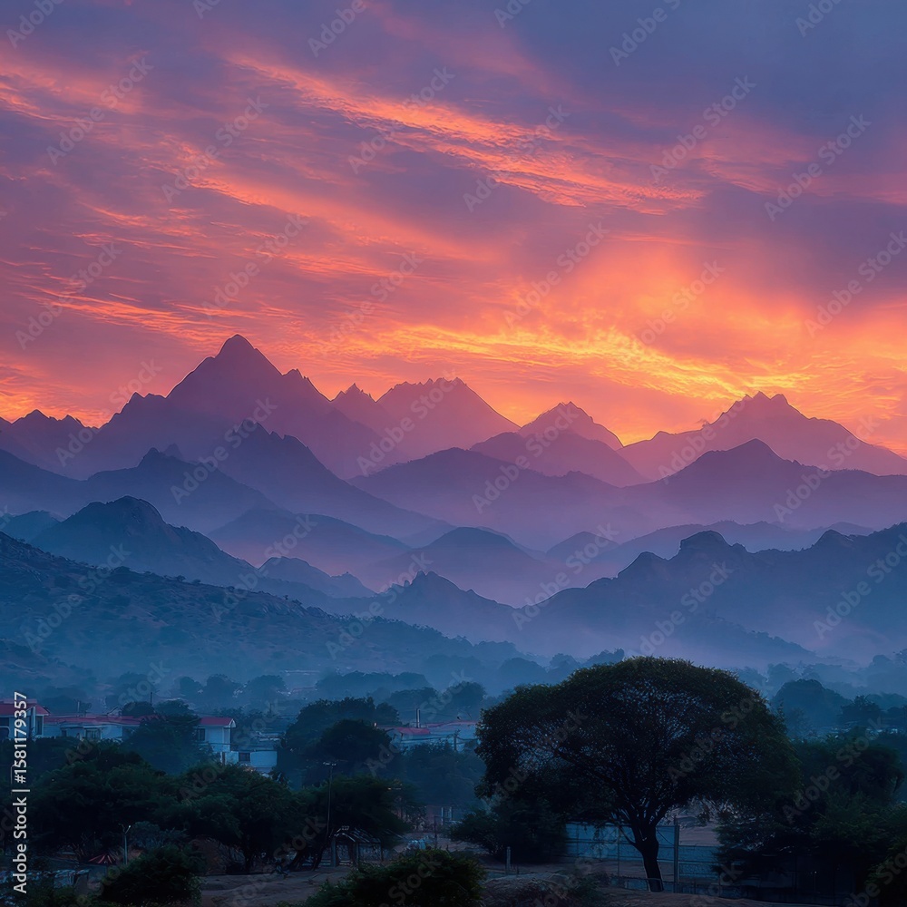 Fototapeta premium The mountains are covered in a misty blue haze, and the sun is setting behind them. The sky is a mix of orange and pink hues, creating a serene and peaceful atmosphere