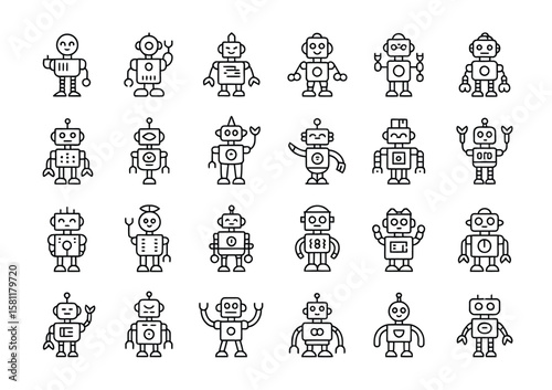 Robot Technology Character and Artificial Machine Icons Set in Linear Style Perfect for Tech Designs, Digital Art, Infographics, Apps, Websites, and Modern Vector Projects

