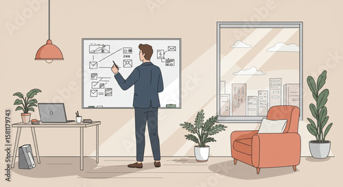 Businessman Planning Strategy on Whiteboard in Modern Office