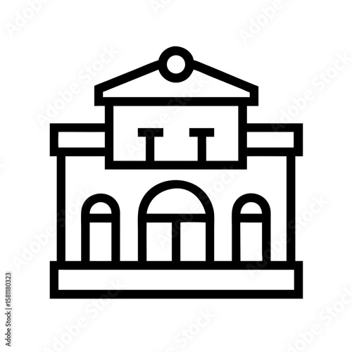 Outlined train station building design in minimalist style. Train station building icon features classical architecture and simple lines, suitable for transportation app or railway infographic.