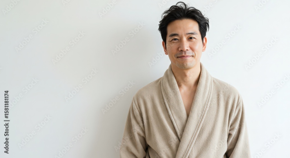 Obraz premium Smiling man in a bathrobe against a plain background