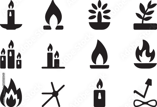 Candle, Flame, and Fire Icons: Light and Heat Symbols