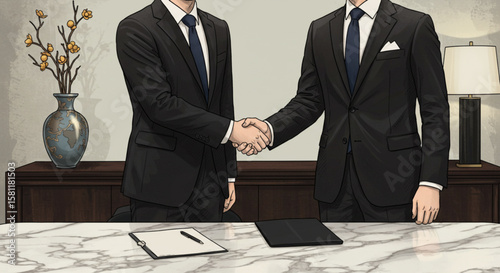 Business Agreement Handshake Deal in Office Setting with Contract and Lamp in the Background