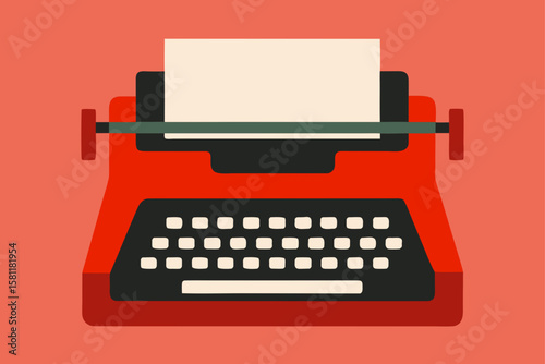 Red Vintage Typewriter Minimalist Vector Drawing retro