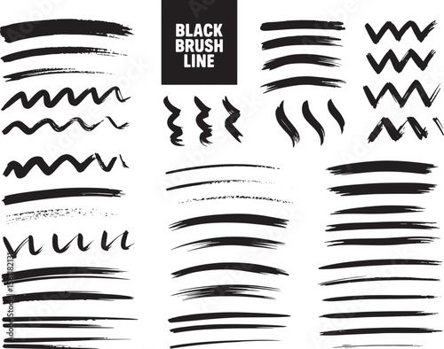 A variety of black brush strokes, including lines, zigzags, and wavy patterns on white isolated on transparent background