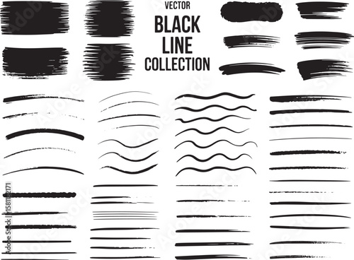 A variety of black brush strokes and line art elements on white