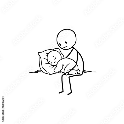 Stick figure holding sleeping baby on a pillow at home  