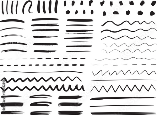 A variety of handdrawn brush strokes, lines, and patterns in black and white isolated on transparent background