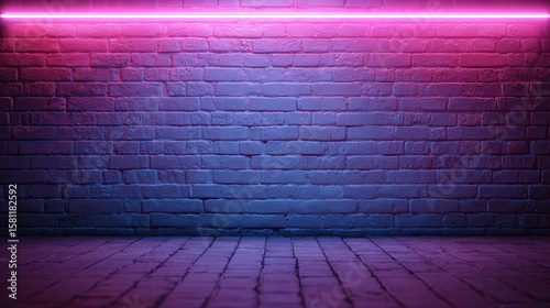 Ultra quality image of 7. Pink purple neon light on brick wall background with blank space for festival or podcast promo.