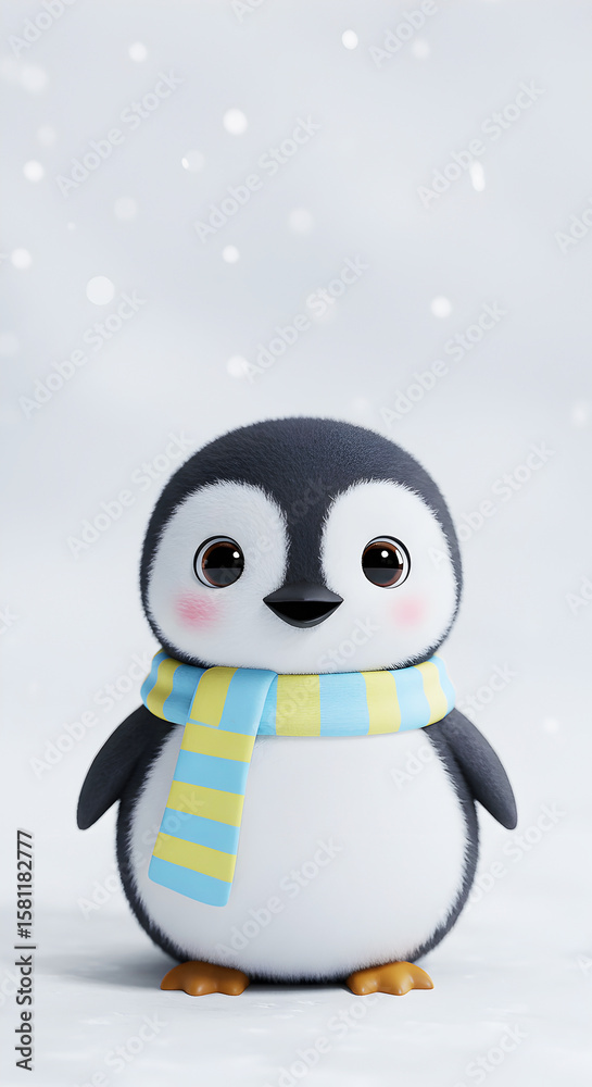 Obraz premium Cartoon penguin with a striped scarf in winter wonderland scene is adorable