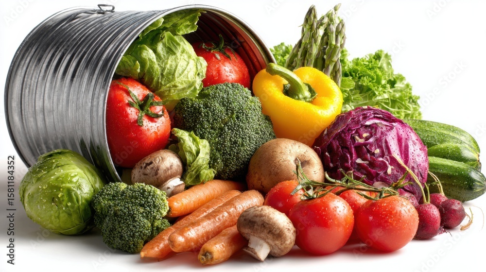 A large metal bucket filled with a variety of vegetables including broccoli, carrots, tomatoes, and asparagus A large metal bucket filled with a variety of vegetables including broccoli, carrots, tomatoes, and asparagus