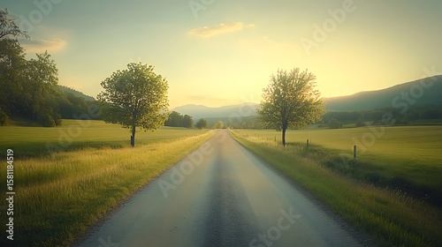 Realistic panoramic view of a quiet countryside road at dawn, with golden morning light illuminating the green meadows on both sides. The horizon glows softly under a pastel-colored sky.