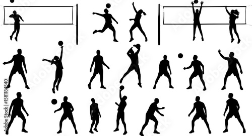Group of volleyball players, men and women playing volleyball, set of isolated vector silhouettes