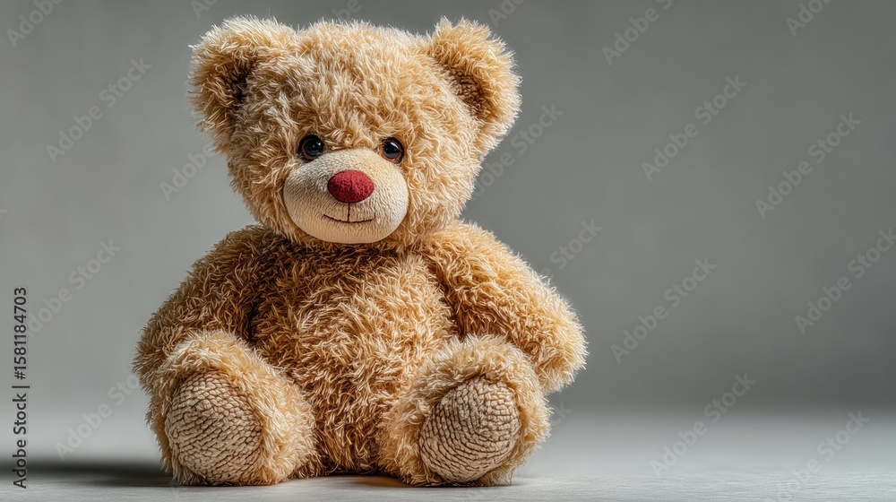 Obraz premium Soft teddy bear sits, light gray backdrop