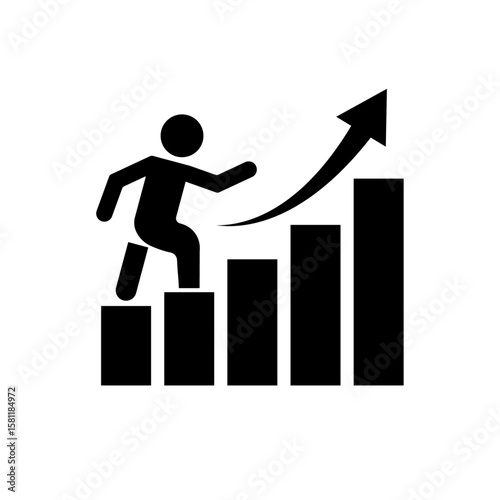 Business Growth Progress Icon with Person Climbing Bar Chart and Upward Arrow