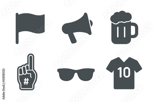 simple dark gray football supporter set with flag, megaphone, drink, foam finger, shades, jersey on transparent