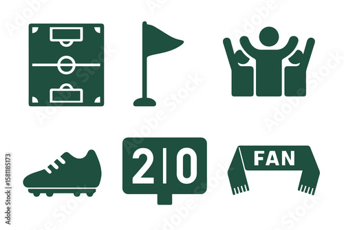dark green icons of soccer field, corner flag, crowd, cleat, scoreboard, scarf in flat style on transparent background