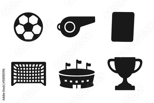 simple black football match icons, including ball, whistle, card, goal, stadium, trophy with transparent background