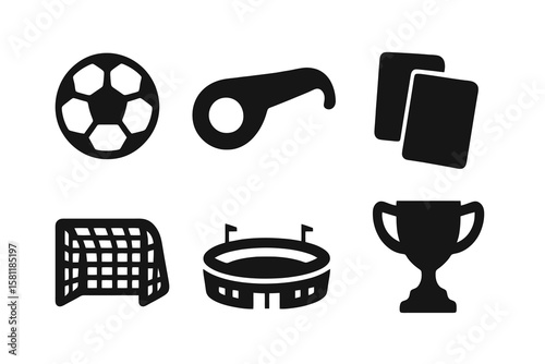 black icons set with soccer ball, whistle, referee card, goal net, stadium, trophy. Flat vector style on transparent background