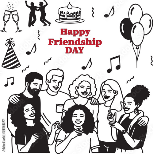Friendship Day vector (First Sunday of August) – smiling friends, gift exchange, cake, balloons, music, caps, wine cups, love and joy celebration, festive party vibes for cards, decor, and prints.