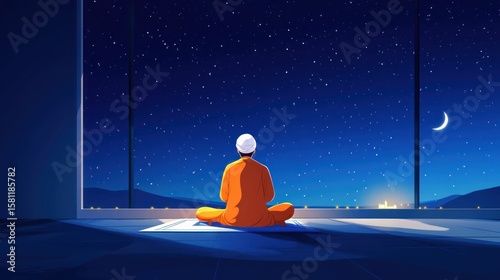 A man meditates at night, gazing at the stars