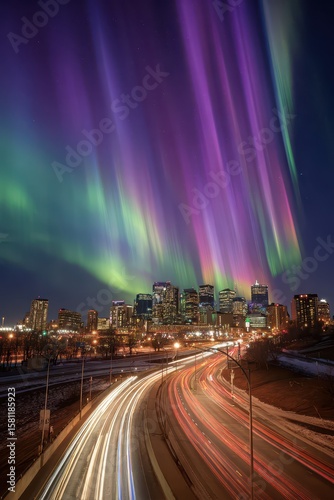 Aurora Borealis Over City Skyline.